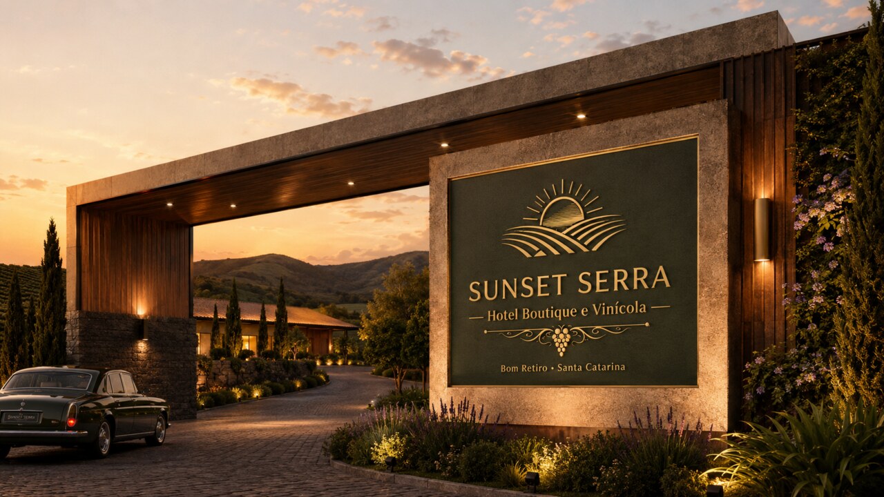 Portal de entrada do Sunset Serra ao pôr do sol: pórtico de pedra e madeira sobre a via de acesso, com o letreiro Sunset Serra — Hotel Boutique e Vinícola gravado em dourado, e os vinhedos e a serra ao fundo