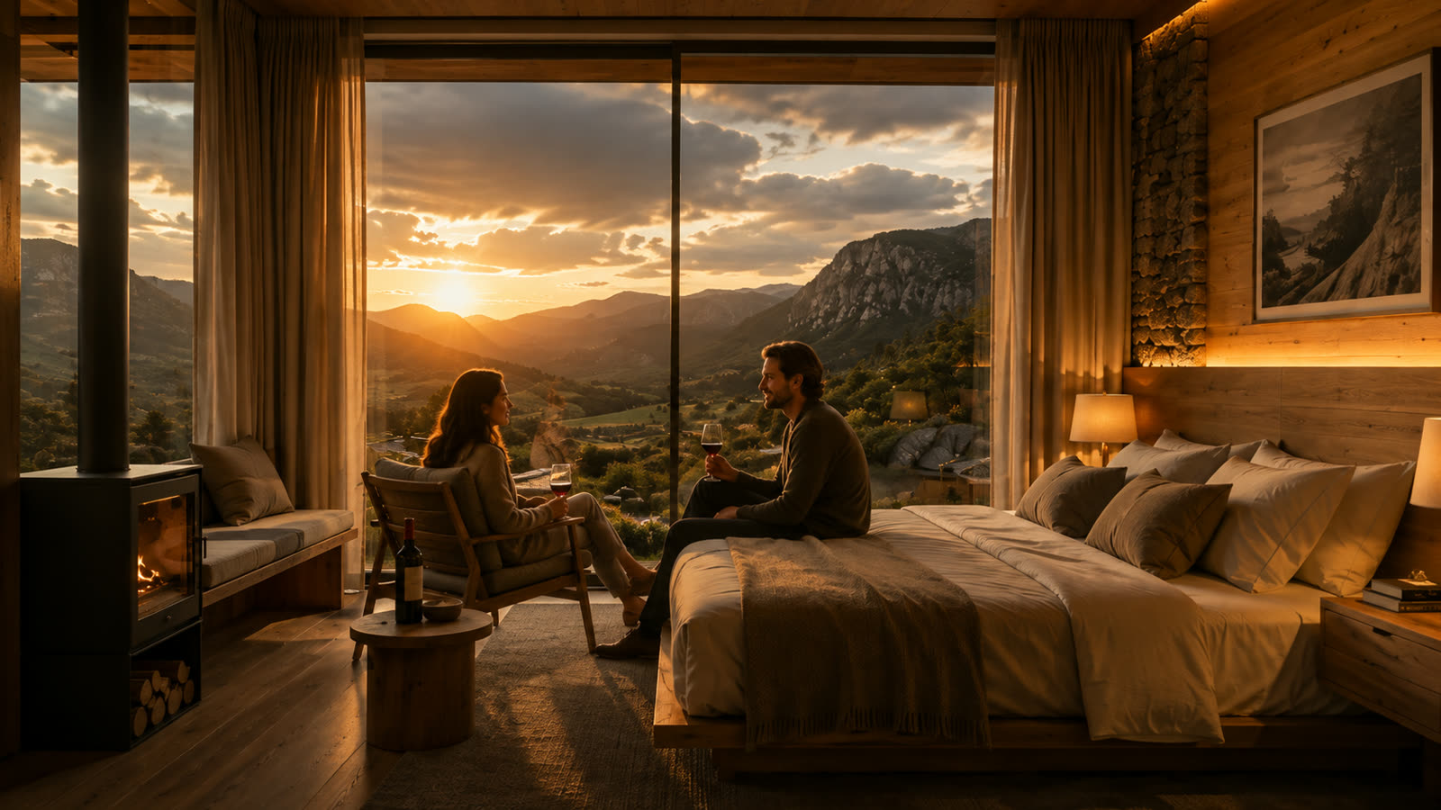 Casal brindando com vinho no quarto — imagem ilustrativa
